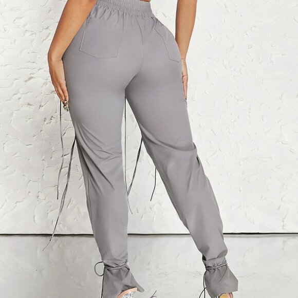 Grey Casual Womens Flap Pocket Side Drawstring Hem Cargo Pants - Picture 4 of 5